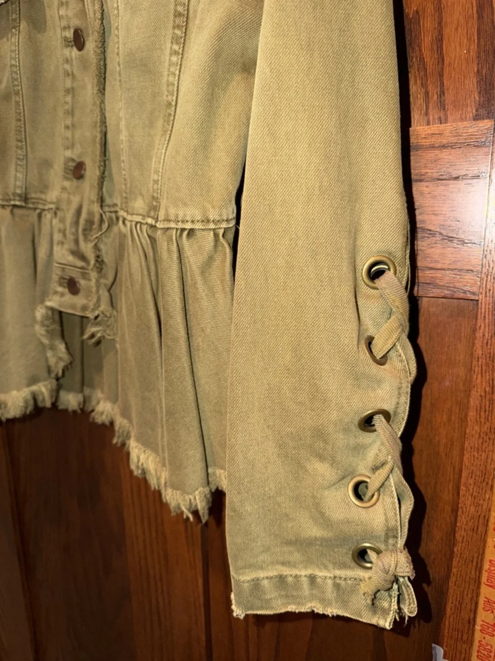 Free People Olive Green Peplum Jean Jacket with Lace-Up Sleeves - Picture 4 of 6